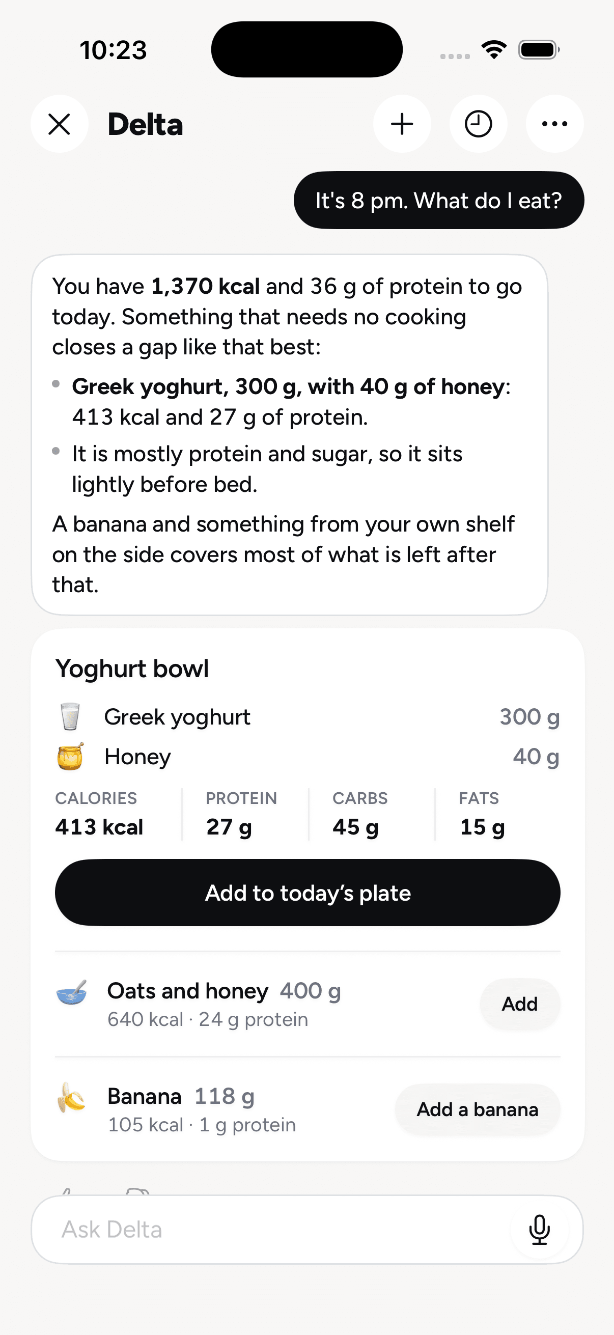 A conversation with Delta: a question at 8 pm, an answer with a yoghurt bowl, and a button to add it to today's plate
