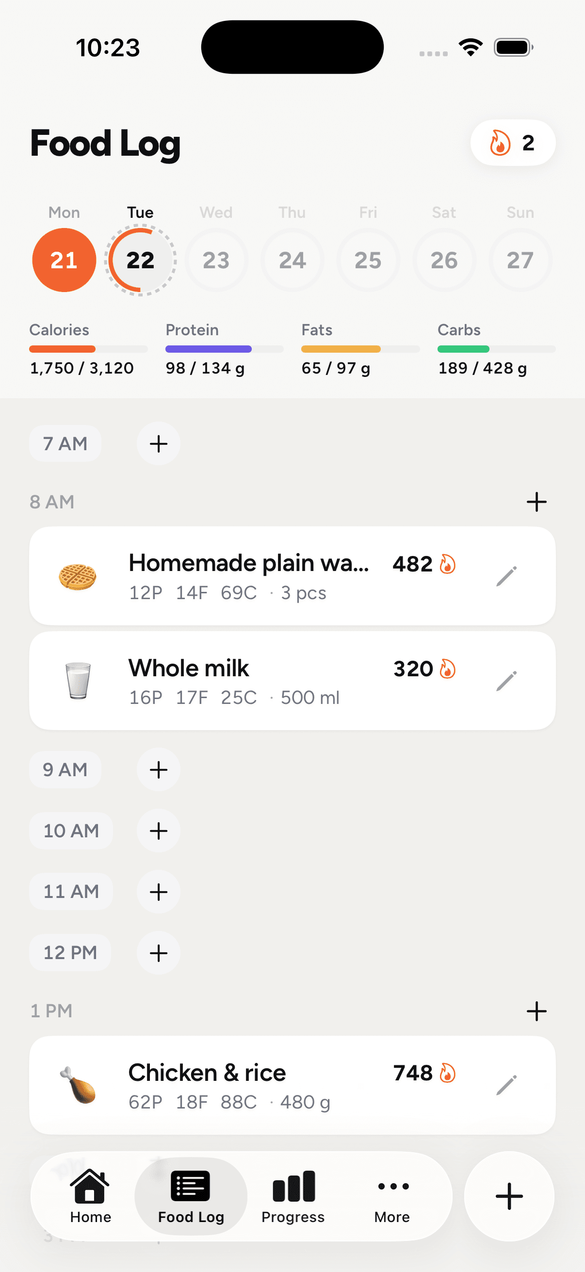 The Food Log: a day's meals with calories and protein, and the plate being built