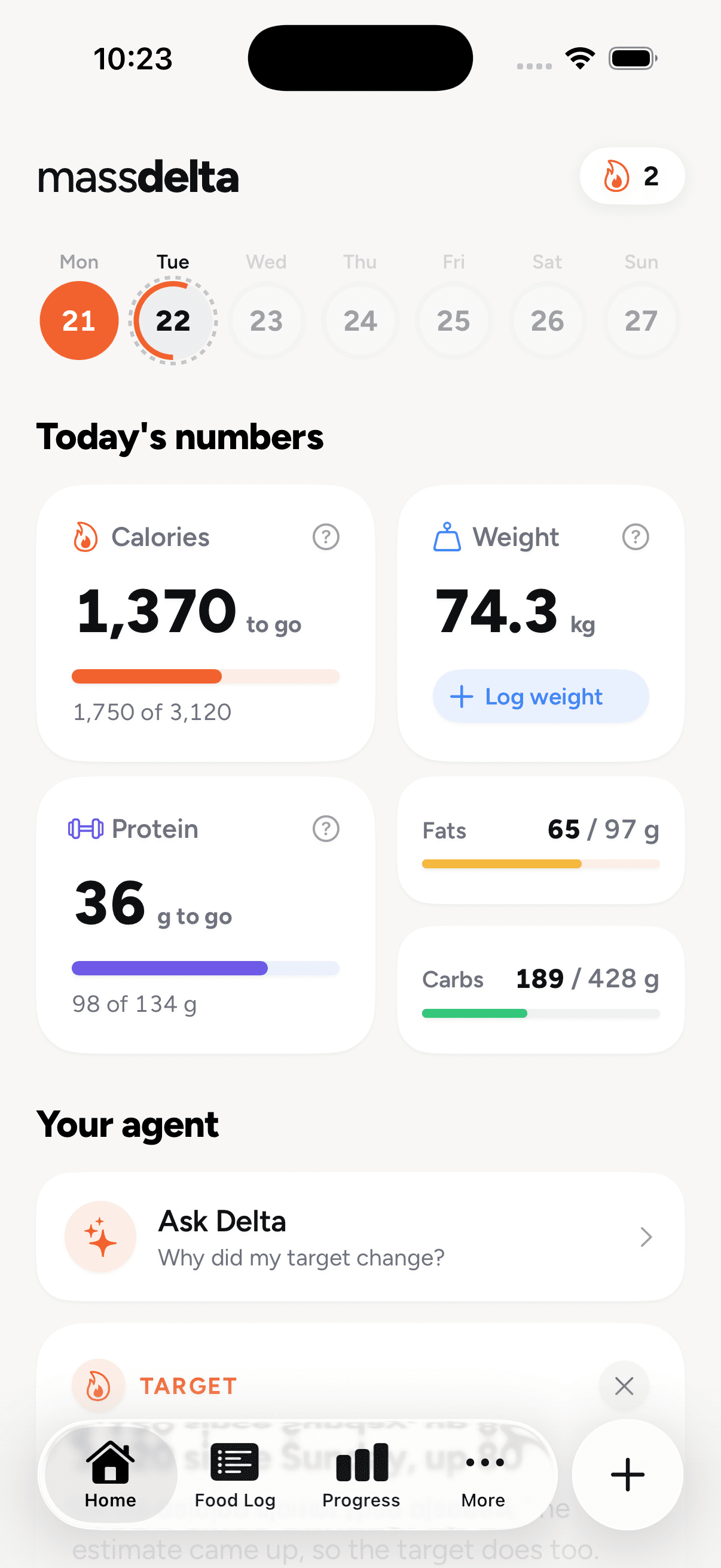 MassDelta's Home screen: today's calories, weight, protein and macros, and the coach's card